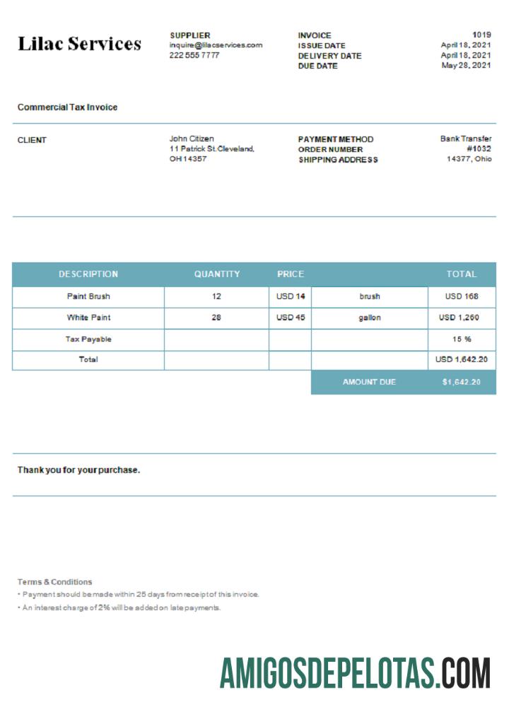 Fatura de serviços lilás dos EUA amostra